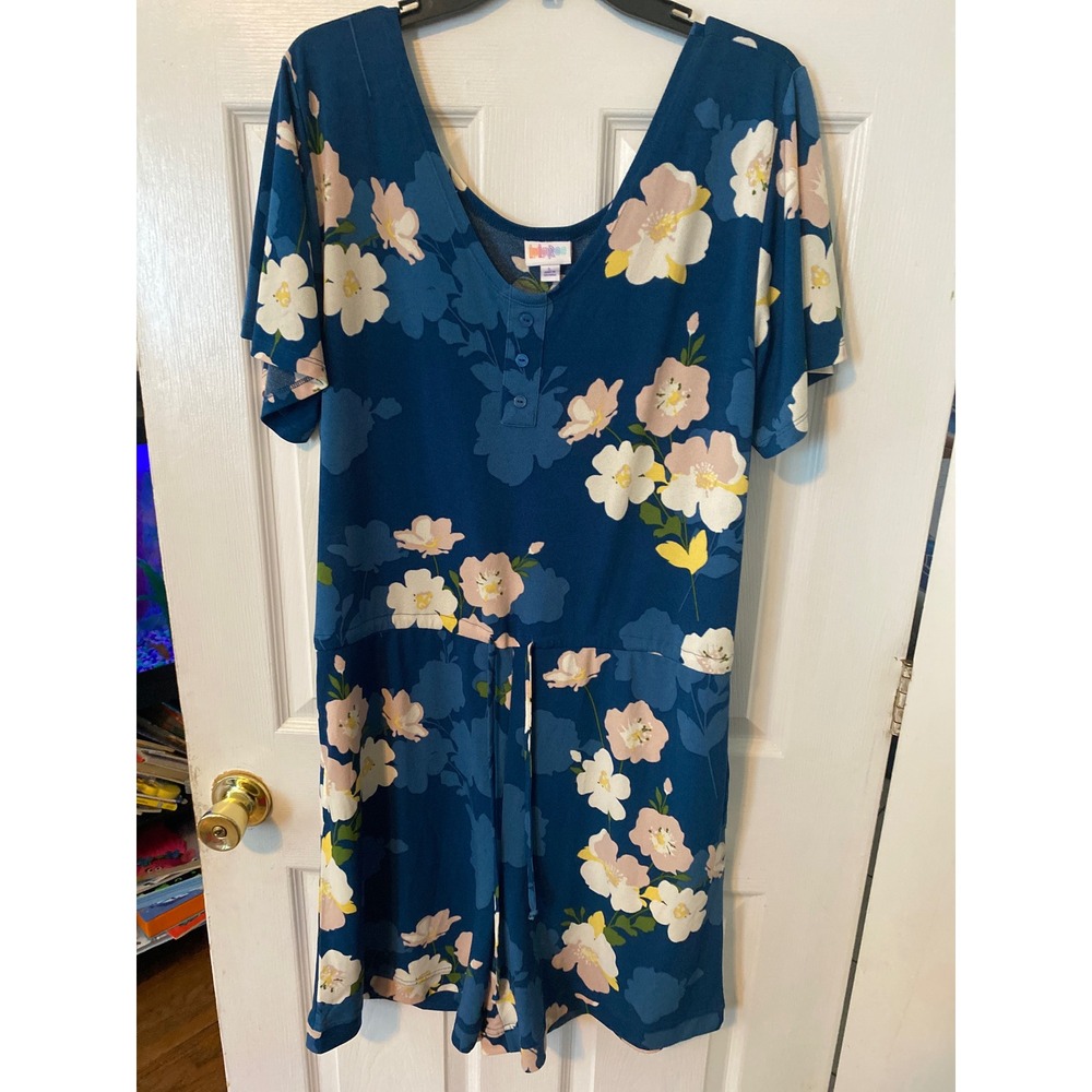 LuLaRoe Floral Romper Teal Blue Pink White Henley V-Neck Short Sleeve Large